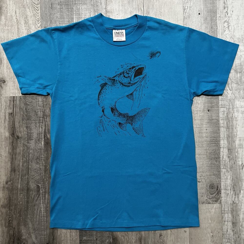 VTG Fishing T Shirt 1980s Blue Trout Fisherman Art Print USA T Shirt Blue Sz M